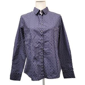 Lands End Button Up Shirt Women's 10 Blue Polka Dot No Iron Supima Cotton Top